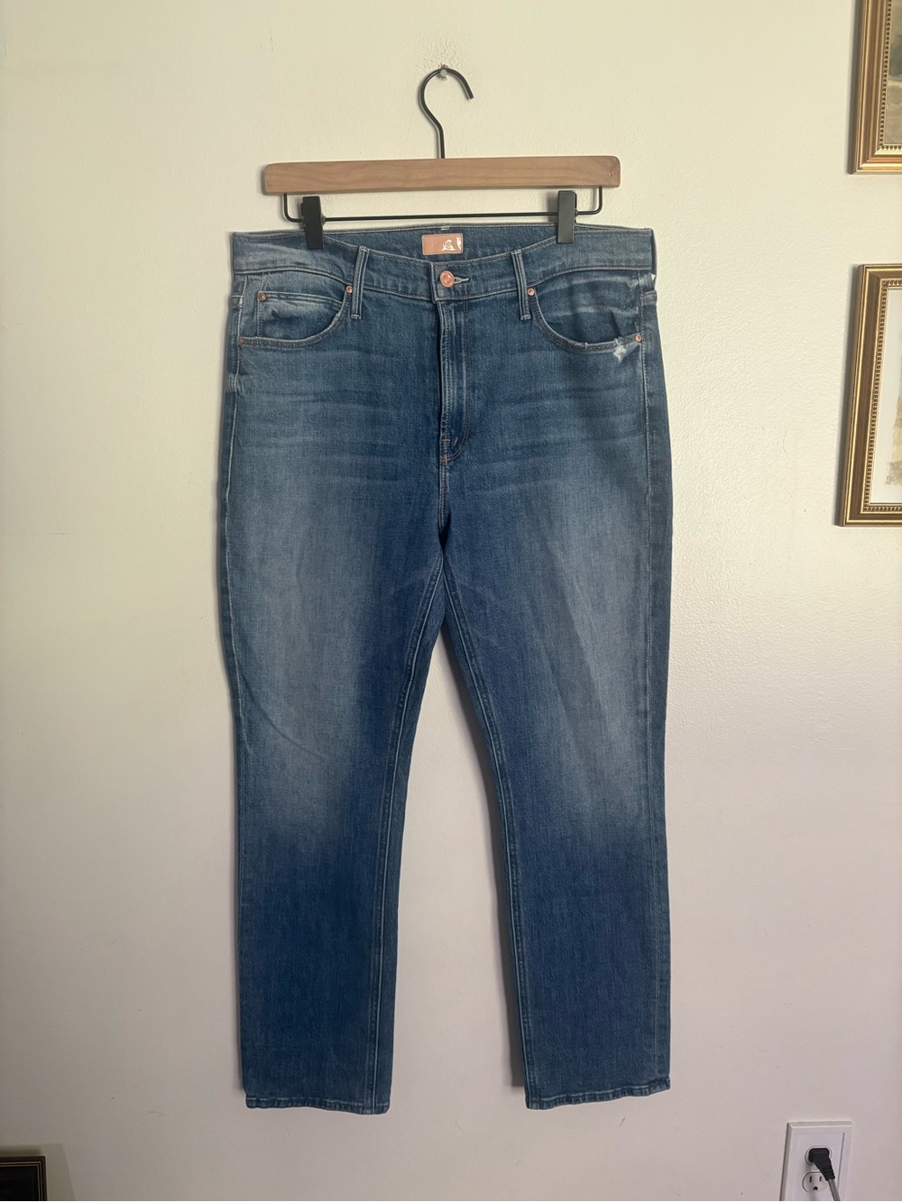 MOTHER Mid Rise Dazzler Straight Ankle Blue Chic Jeans Cut & Paste Womens 32 EUC